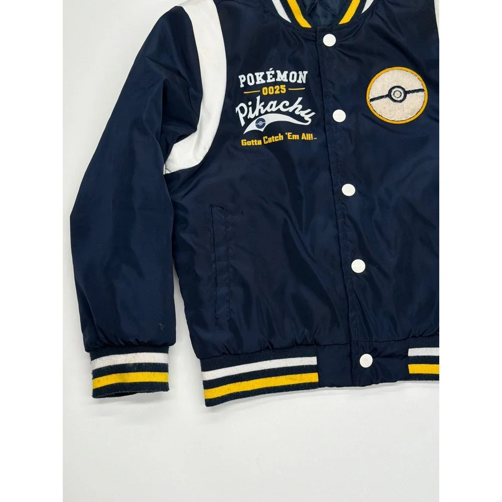 Pokemon‎ Pikachu Kids Varsity Bomber Jacket Navy Blue Snap Front Quilted Small